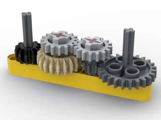 Brick-compatible compound gear train with several gears sharing parallel shafts.