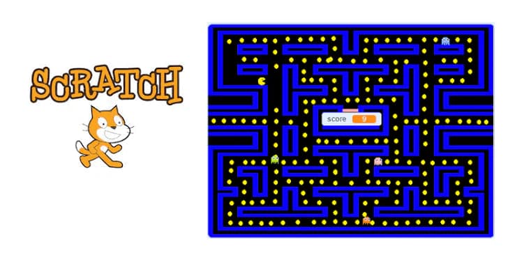 Scratch project screenshot with the Scratch cat and a blue arcade maze game.