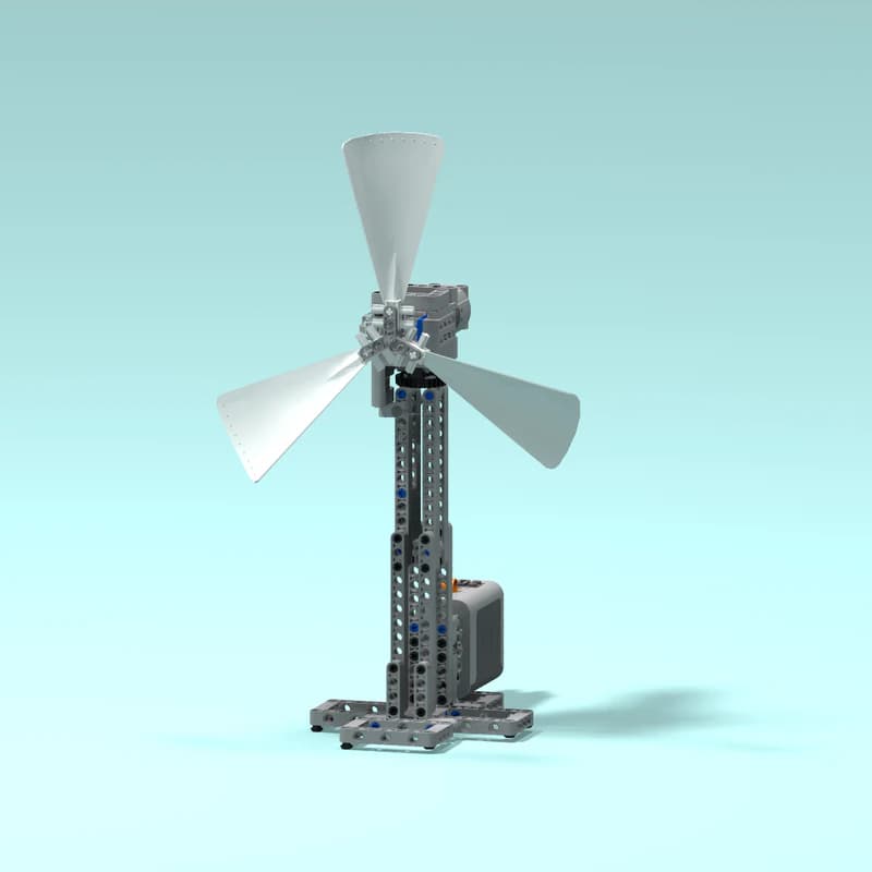 Rendered brick-compatible standing fan with three blades, a motor, and a rigid support frame.