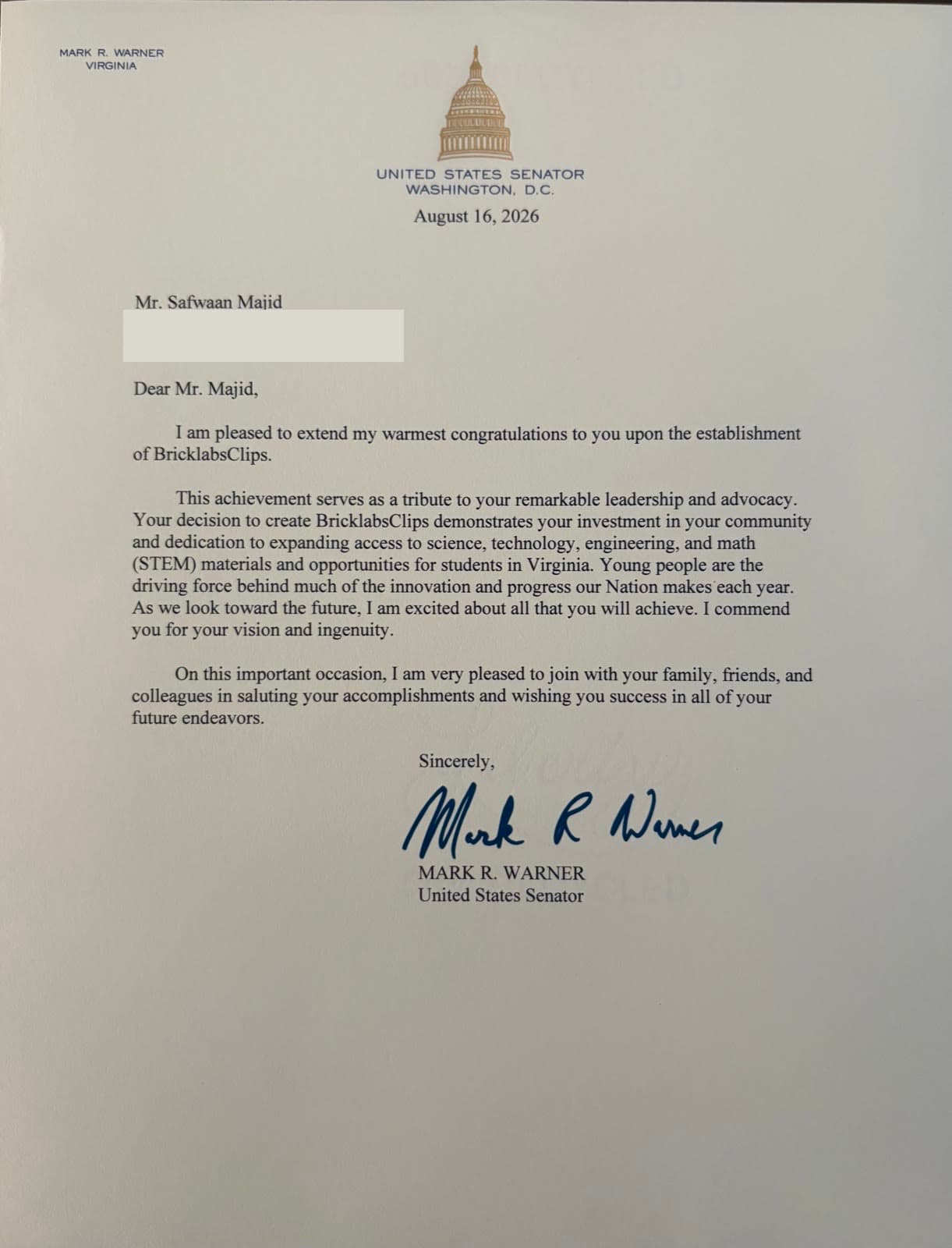 Recognition letter from United States Senator Mark R. Warner to Safwaan Majid.