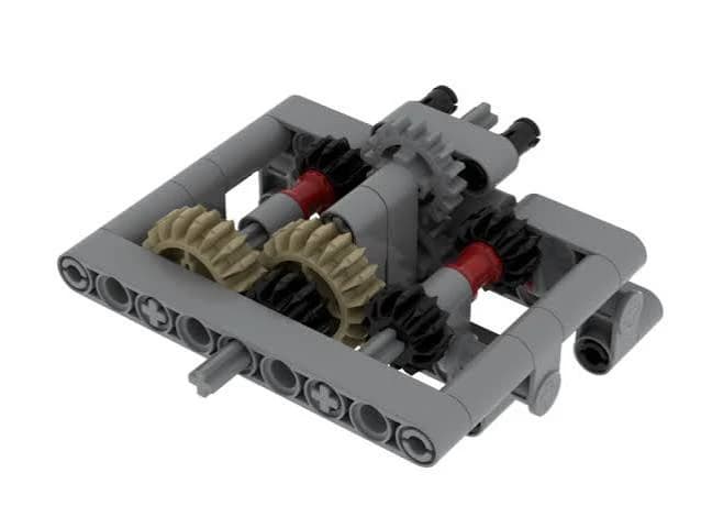 Brick-compatible multi-gear assembly with several meshed gears mounted in a rigid frame.